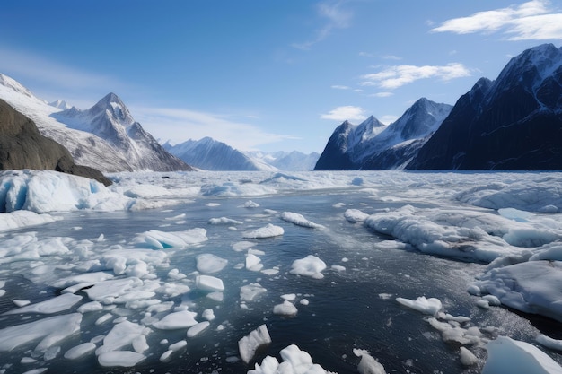 Fiordo gelido con imponenti cascate di ghiaccio e neve circondate da montagne