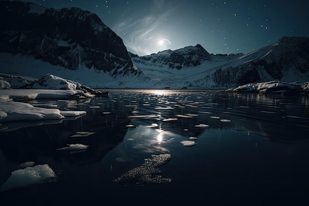 Fiordo gelido di notte con le stelle che brillano sopra e il riflesso della luce della luna sull'acqua