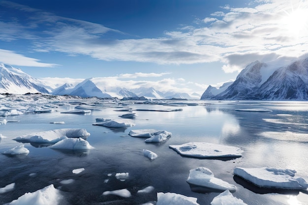 Fiordo ghiacciato con banchi di ghiaccio e cime innevate sullo sfondo