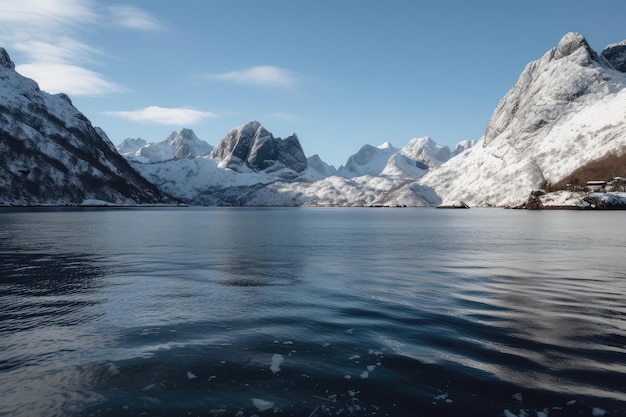 Fiordo ghiacciato con montagne innevate sullo sfondo