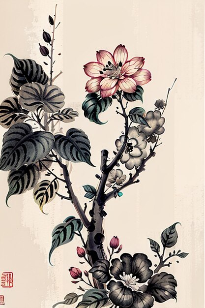 Fiore antico in stile inchiostro cinese ad acquerello che dipinge una mostra d'arte con collezione di fiori di ramo