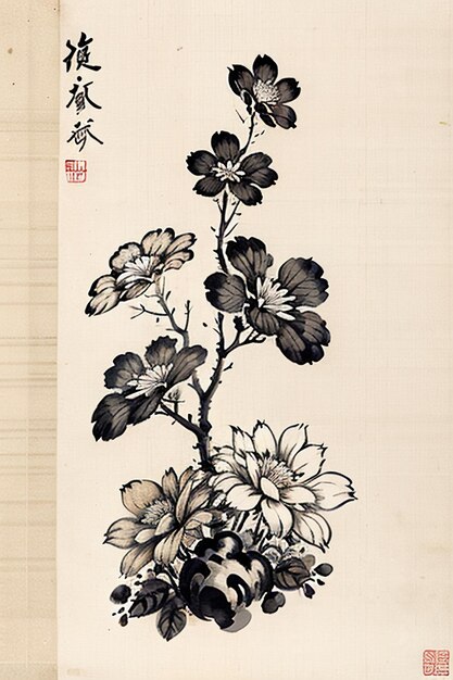 Fiore antico in stile inchiostro cinese ad acquerello che dipinge una mostra d'arte con collezione di fiori di ramo