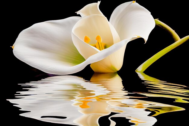 Fiore bianco Calla Lilly Isolato su sfondo nero riflesso acqua IA generativa IA generativa