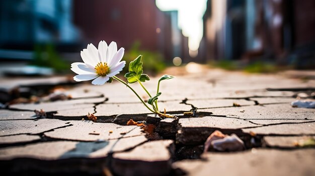 fiore bianco che cresce dalla strada incrinata nella città