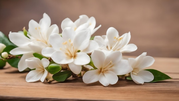 Fiore bianco di frangipapi su un tavolo di legno con spazio di copia per lo sfondo