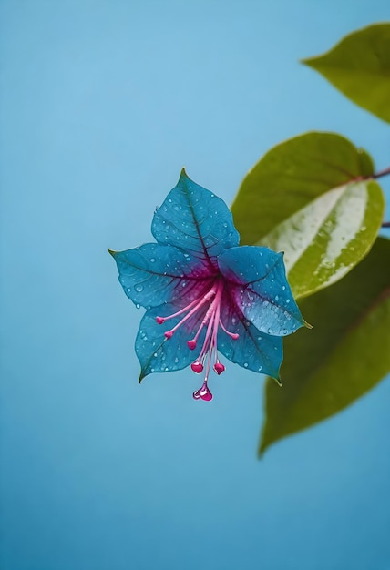 fiore blu con gocce d'acqua su di esso contro un cielo blu