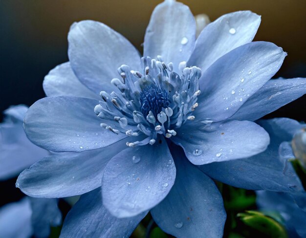 Fiore blu con gocce d'acqua sui petali in primo piano