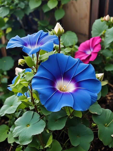 Fiore blu di gloria di mattina in giardino