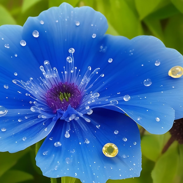 Fiore blu rugiada gocce di rugiada immagine AI generata
