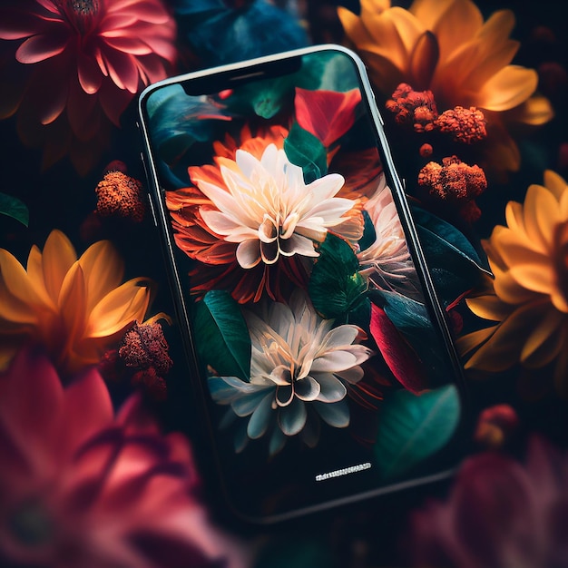 fiore che sboccia sul handphone