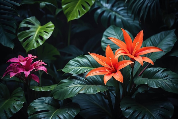 fiore colorato su fogliame tropicale scuro sullo sfondo della natura