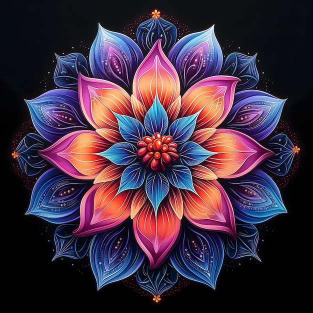 Fiore colorato su sfondo nero Intricati disegni geometrici e ispirazione Celestialpunk