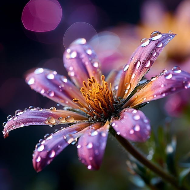 Fiore con goccia di rugiada bella fotografia macro con sfondo bokeh astratto
