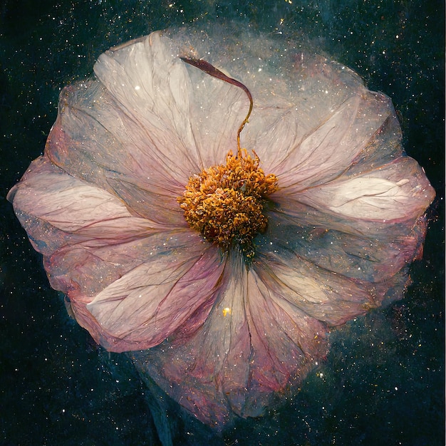 Fiore cosmico artistico con galassie oscure nello spazio profondo e stelle sullo sfondo petali di fiori rosa