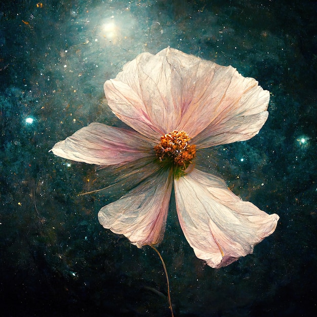 Fiore cosmico artistico con galassie oscure nello spazio profondo e stelle sullo sfondo petali di fiori rosa