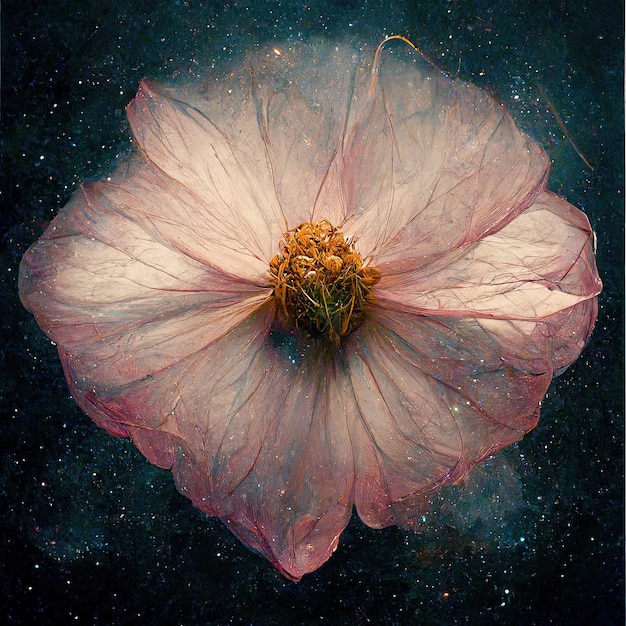 Fiore cosmico artistico con galassie oscure nello spazio profondo e stelle sullo sfondo petali di fiori rosa