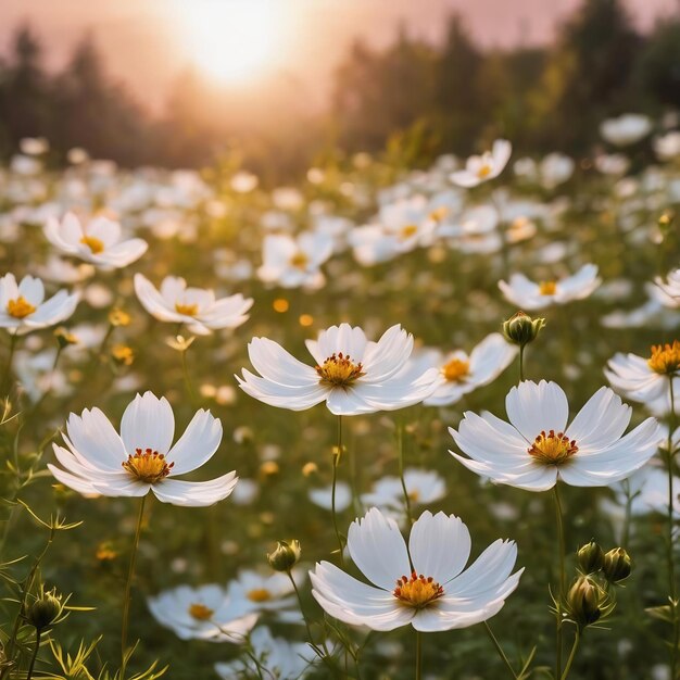Fiore cosmo bianco nel giardino con l'ora del tramonto