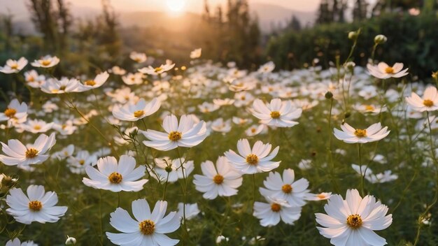 Fiore cosmo bianco nel giardino con l'ora del tramonto