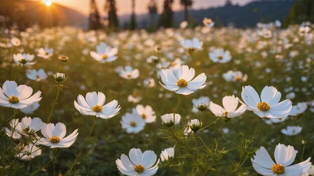 Fiore cosmo bianco nel giardino con l'ora del tramonto
