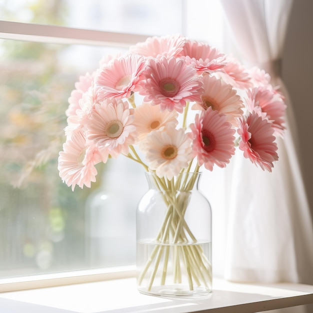 Fiore del mazzo della gerbera in vaso di vetro vicino alla finestra Ai generativo