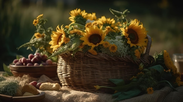 Fiore del sole che guarda la merce nel cestino del sole sul tavolo