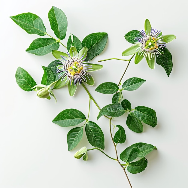 Fiore della passiflora con foglie isolate su sfondo bianco