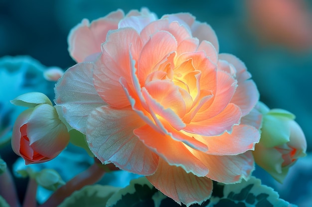 Fiore di begonia arancione vibrante illuminato da una luce morbida con fogliame blu lussureggiante sullo sfondo