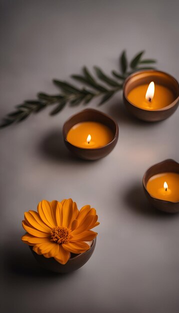 Fiore di calendula e candele su uno sfondo grigio Focalizzazione selettiva