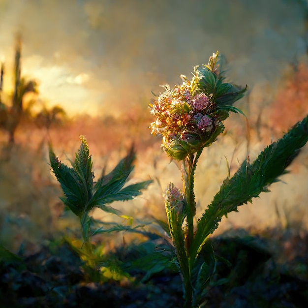 Fiore di cannabis del primo piano sotto le luci del sole fiore di marijuana selvatica che cresce sul campo di canapa a fioritura precoce
