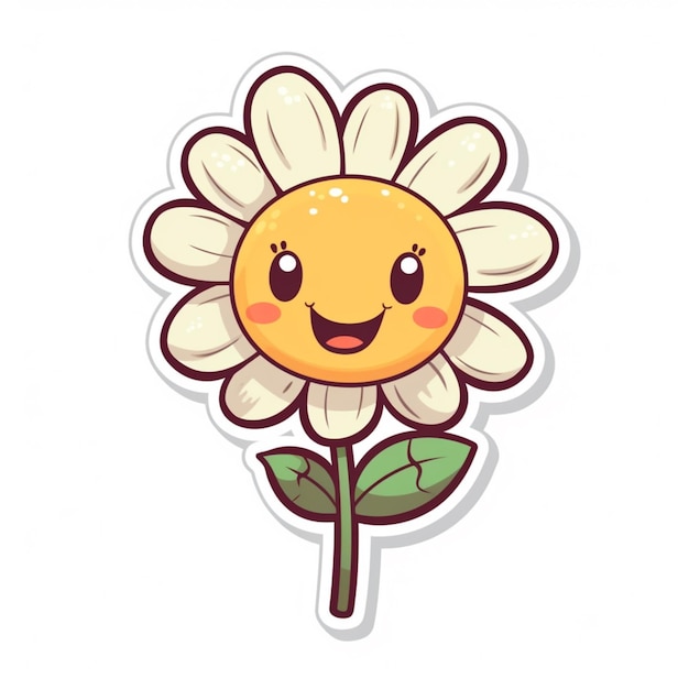 Fiore di cartone animato con una faccia felice e foglie verdi generativo ai