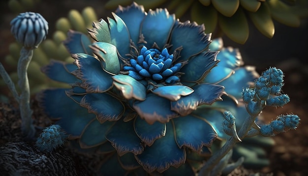 Fiore di cespuglio di fontana blu realistico che utilizza l'intelligenza artificiale generativa