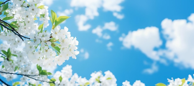 Fiore di ciliegio bianco contro il cielo blu closeup sfondo primaverile