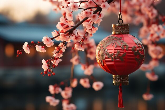 Fiore di ciliegio Sakura e lanterna di carta rossa con spazio per le copie