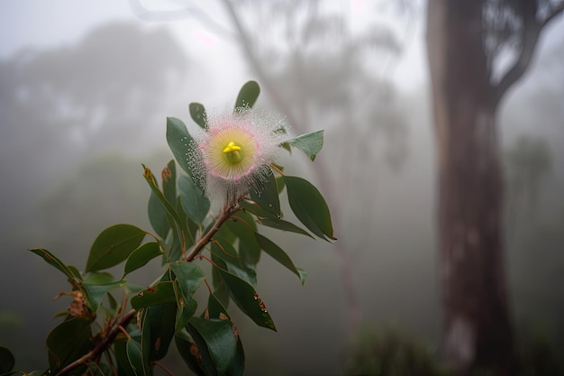 Fiore di eucalipto che fiorisce nella nebbiosa nebbia mattutina