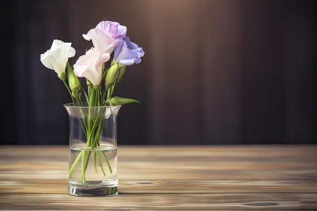 Fiore di Eustoma in vaso di vetro sulla tavola di legno