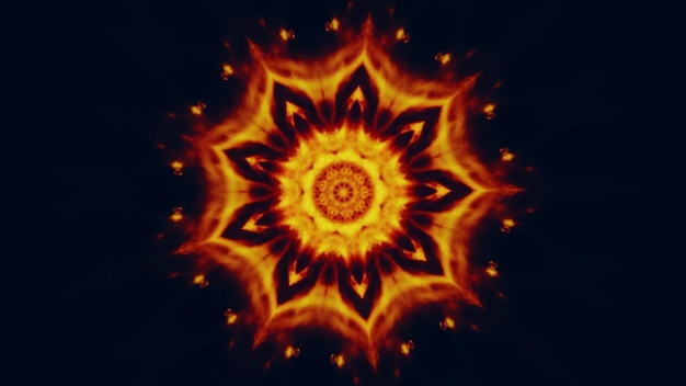 Fiore di fuoco mandala incandescente frattale rosso arancione colore dorato fiamma calda ornamento simmetrico