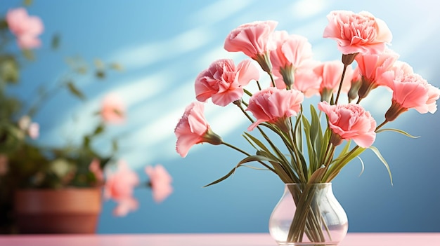 fiore di garofano rosa su sfondo azzurro brillante della tabella