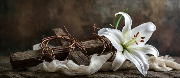 Fiore di giglio e corona di spine con croce di legno