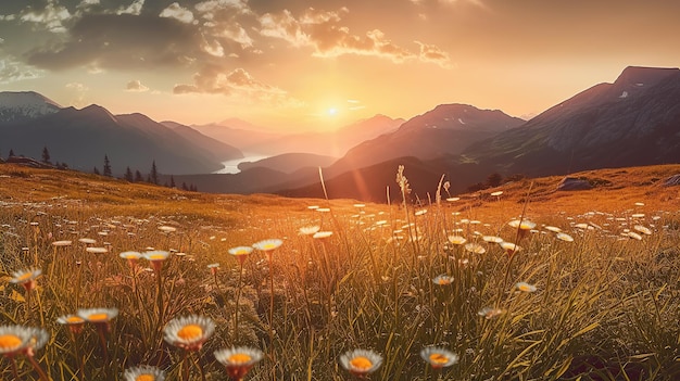 Fiore di giglio in cima alla montagna con il tramonto IA generativa