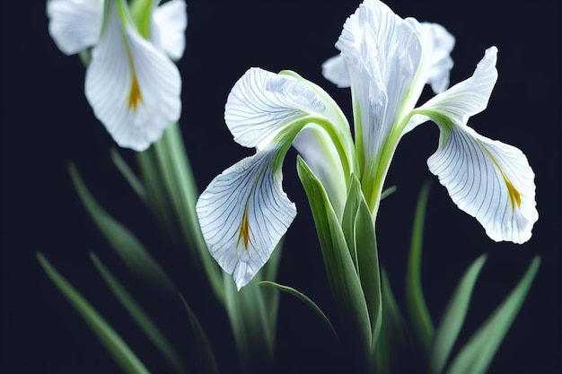 Fiore di iris bianco sullo stelo su sfondo nero