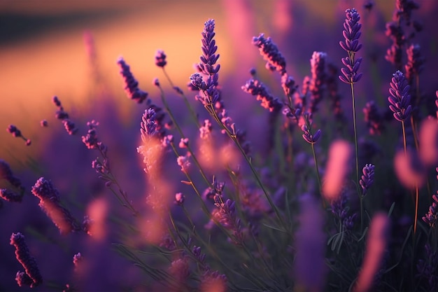 Fiore di lavanda flagant in fiore su un campo, primo piano sfondo viola.