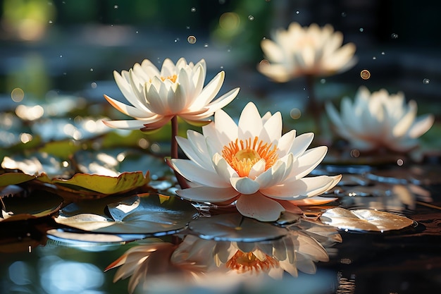 Fiore di loto bianco puro con foglie verdi su acqua ferma al sole con scintillii e li luccicanti