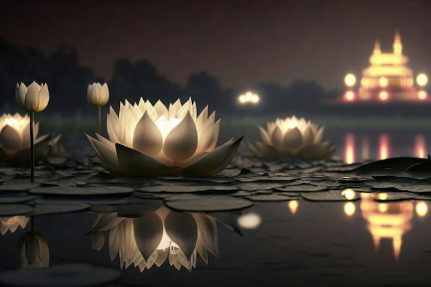 Fiore di loto con sfondo a lume di candela Buddha purnima Vesak giorno Generativo ai