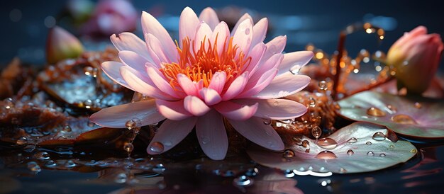 Fiore di loto rosa sulla superficie dell'acqua con gocce di rugiada