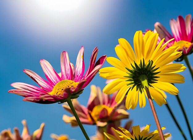 Fiore di margherita colorato sotto la luce del sole del cielo blu