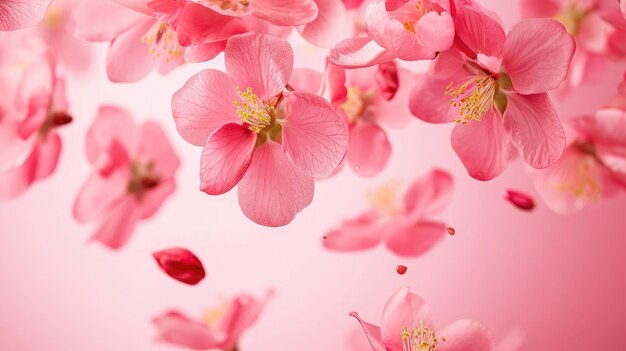 Fiore di mela cotogna fresca bellissimi fiori rosa che cadono nell'aria isolati su sfondo rosa Gravità zero o levitazione fiori primaverili concezione immagine ad alta risoluzione