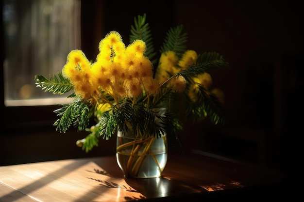 Fiore di mimosa in un vaso con la calda luce del sole che splende attraverso