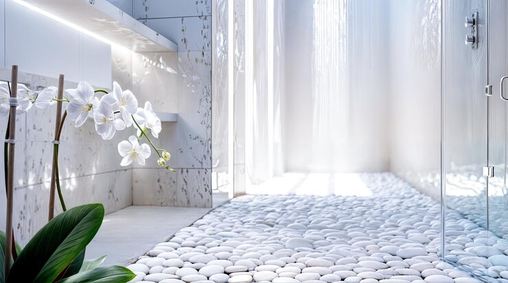 Fiore di orchidee bianca minimalistico moderno bagno interior design pavimento in pietra bianca doccia benessere spa relax zen sfondo
