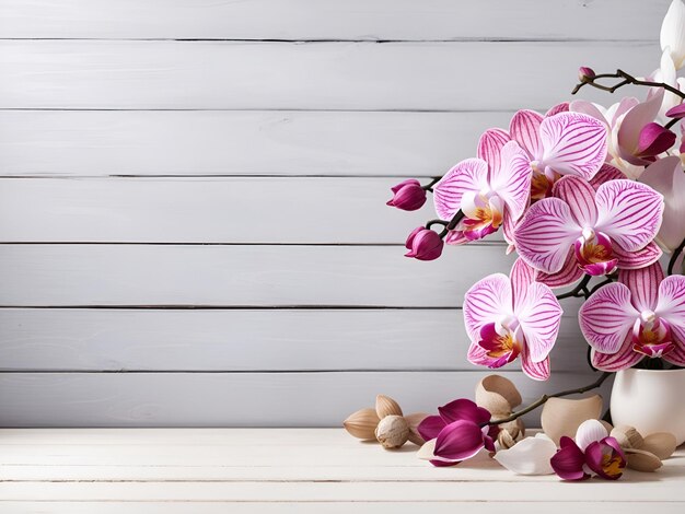 fiore di orchidee su sfondo di tavolo di legno bianco sfondo con spazio di copia
