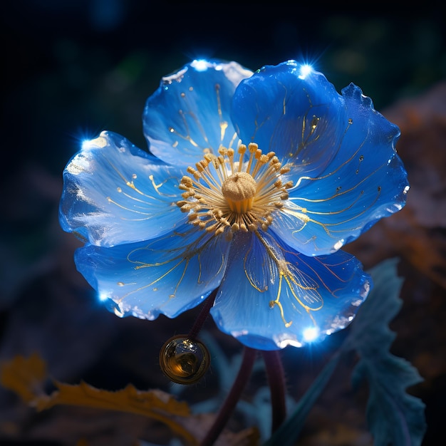 Fiore di papavero blu con gocce d'acqua su petali ai generativa